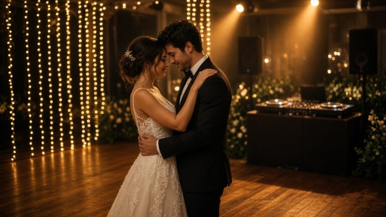 Bride and groom sharing their first dance on a wedding reception dance floor with DJ setup and warm fairy lights