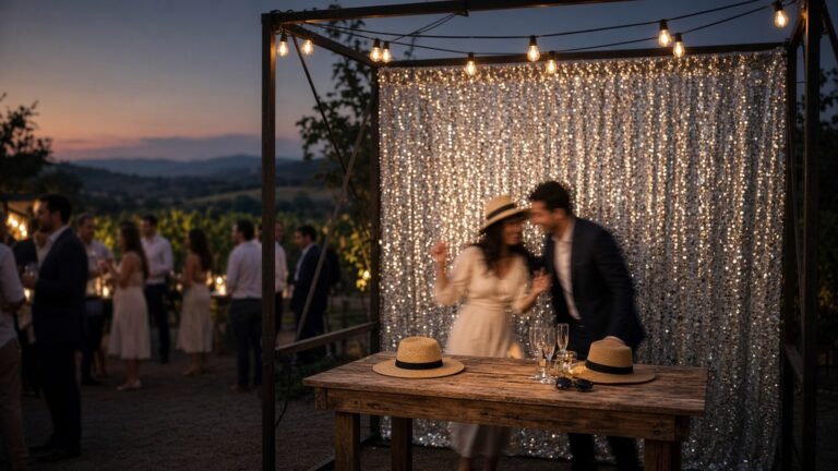 Open-air photo booth with sequin backdrop and string lights at a Temecula winery wedding