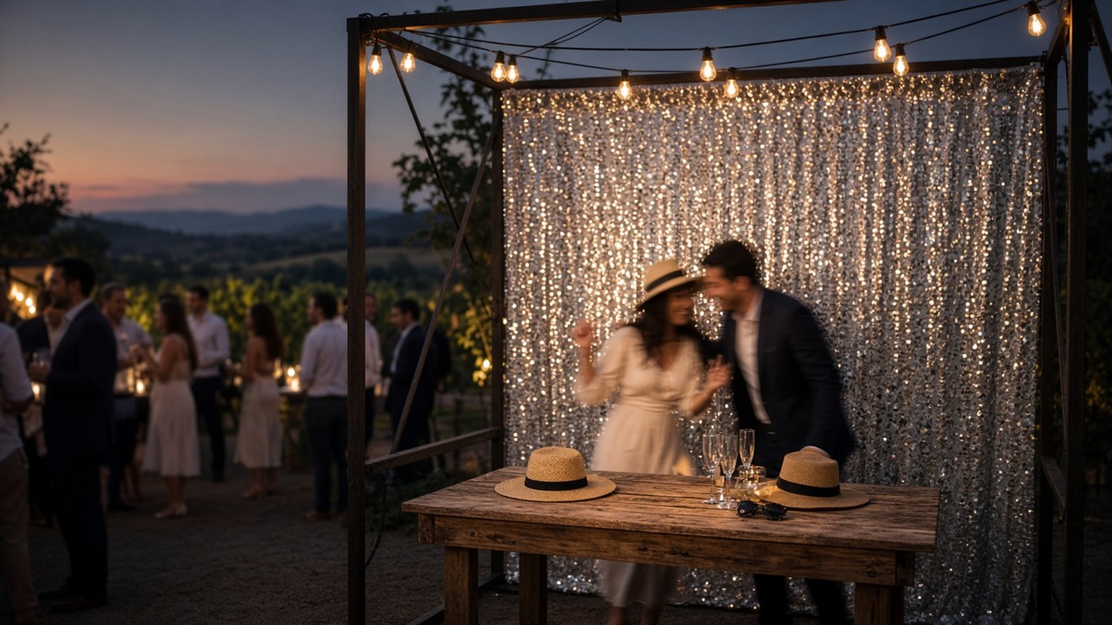 Open-air photo booth with sequin backdrop and string lights at a Temecula winery wedding
