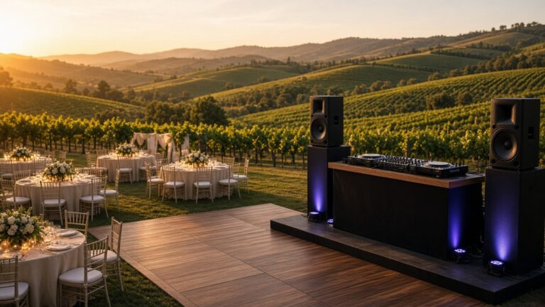 DJ booth with speakers and uplighting beside a dance floor at a Temecula vineyard wedding at golden hour